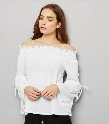Innocence White Shirred Bardot Neck Tie Sleeve Top | New Look