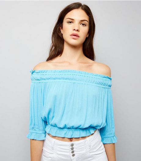 Turquoise Shirred Bardot Neck Crop Top | New Look
