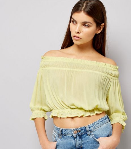 Yellow Shirred Bardot Neck Top | New Look