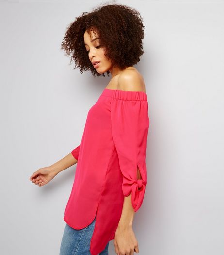 Pink Tie Sleeve Bardot Top | New Look