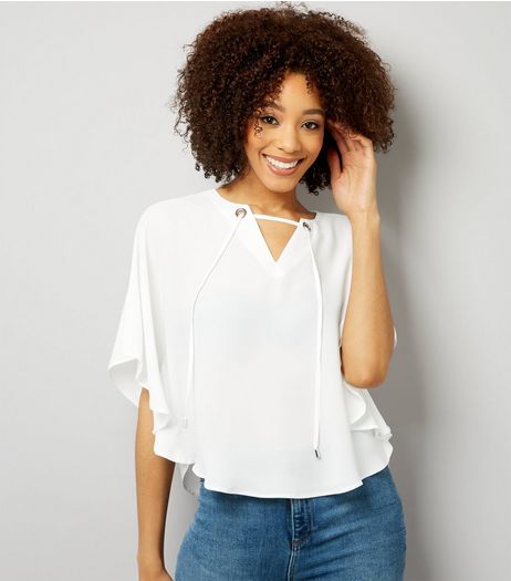 White Eyelet Trim Tie Front Cape Top | New Look