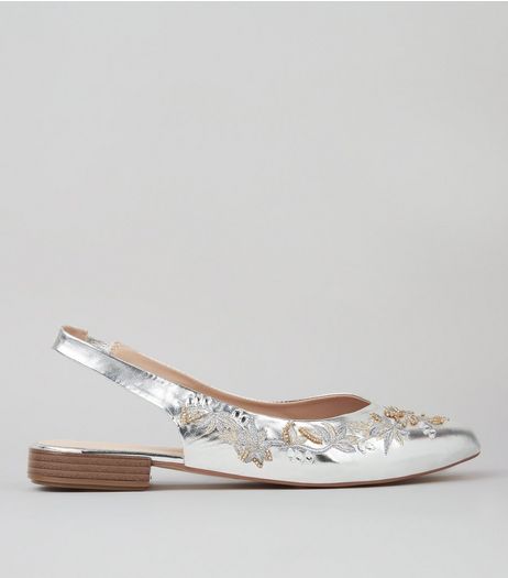 Silver Metallic Embroidered Sling Back Pumps | New Look