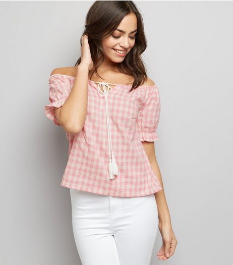 Parisian Pink Gingham Tie Front Bardot Top | New Look