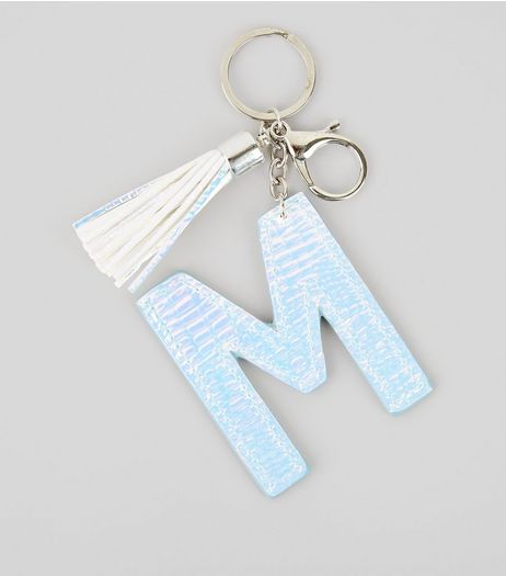 Silver Holographic Snakeskin Texture Initial M Keyring | New Look