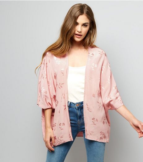 Shell Pink Floral Jacquard Kimono | New Look