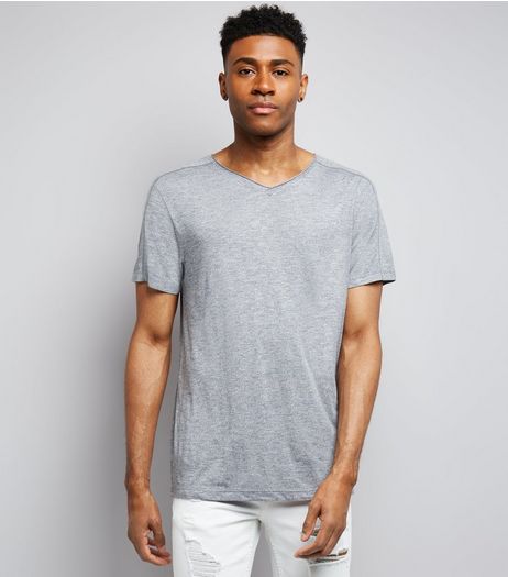 Grey Raw Edge V Neck T-Shirt | New Look