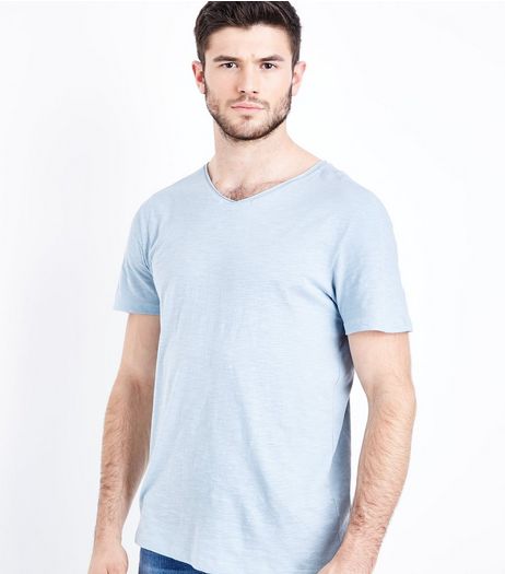 Pale Blue Raw Edge V Neck T-Shirt | New Look