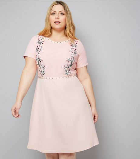 Curves Pink Floral Embroidered Studded Mini Dress | New Look
