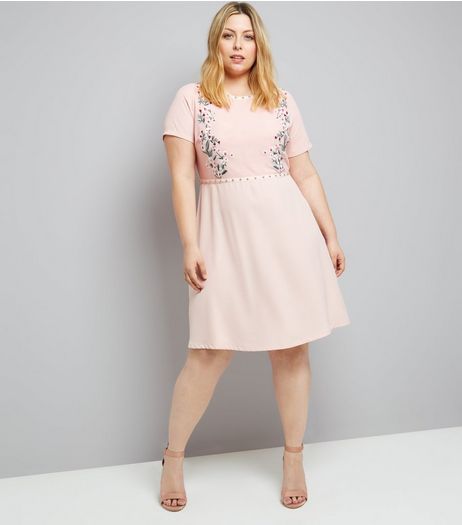 Curves Pink Floral Embroidered Studded Mini Dress | New Look