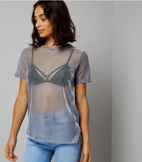 Petite Blue Mesh Metallic Boyfriend T-Shirt | New Look