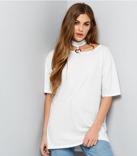 White Ring Detail Choker Neck Oversized T-Shirt | New Look