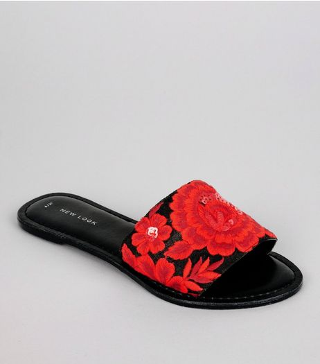 Black Floral Embroidered Sequin Mules | New Look