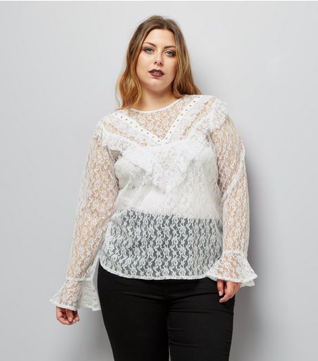 Curves White Lace Studded Frill Trim Top | New Look