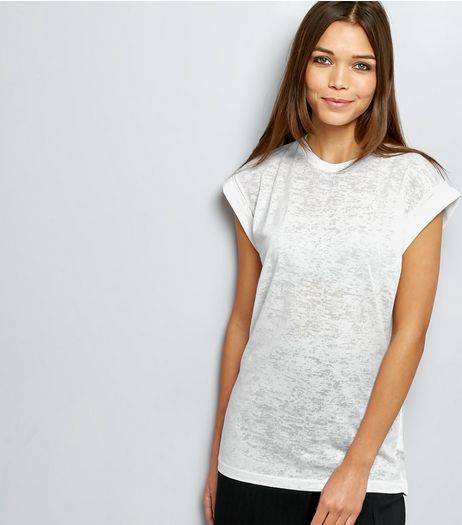White Burnout Rolled Sleeve T-Shirt | New Look