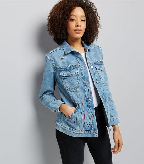 Blue Splattered Eyelet Detail Distressed Denim Jacket | New Look