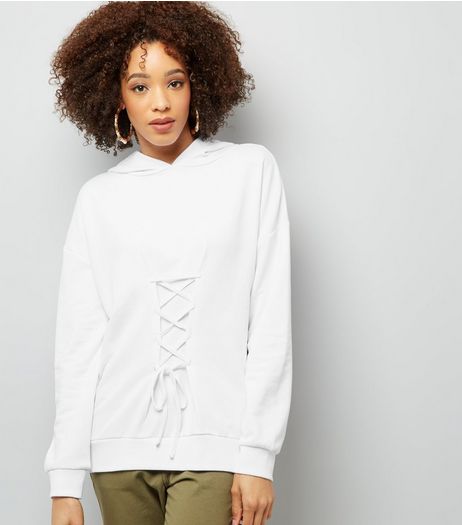 White Lace Up Longline Hoodie | New Look