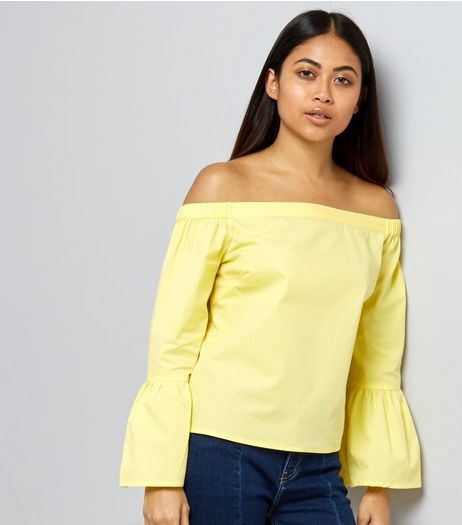 Petite Yellow Bell Sleeve Bardot Neck Top | New Look