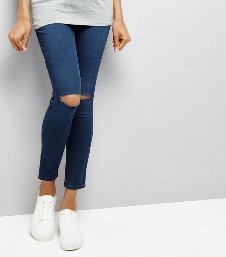 Maternity Blue Ripped Knee Over Bump Jeggings | New Look
