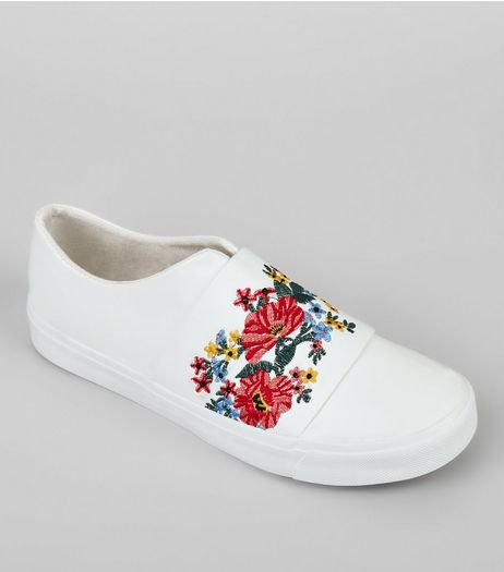 White Floral Embroidered Plimsolls | New Look