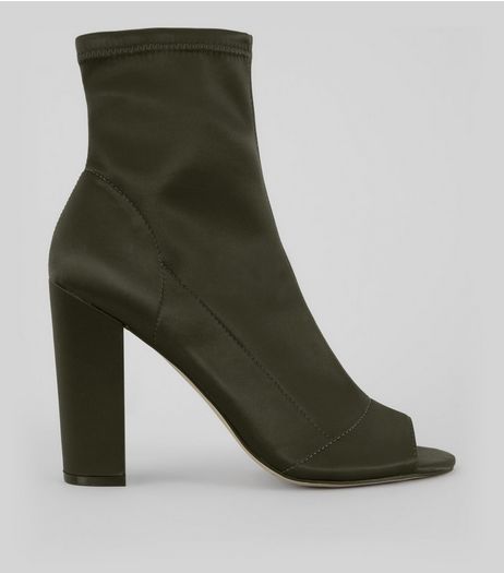 Khaki Satin Peep Toe Heeled Boots | New Look