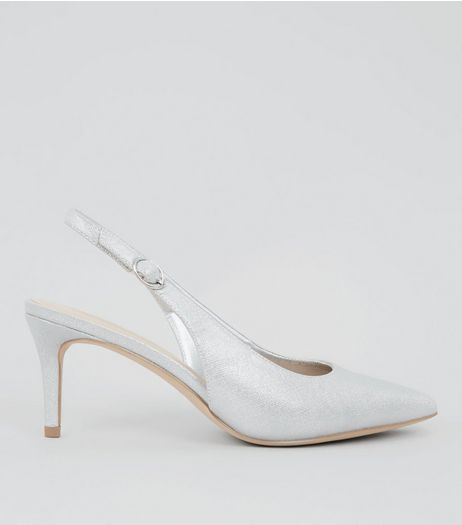 Silver Shimmer Sling Back Heels | New Look