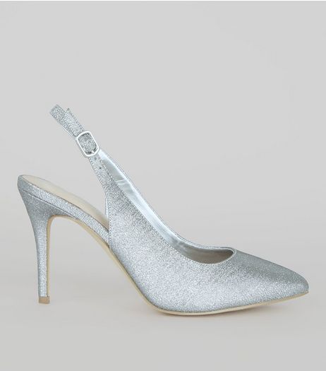 Silver Comfort Glitter Pointed Sling Back Heels | New Look