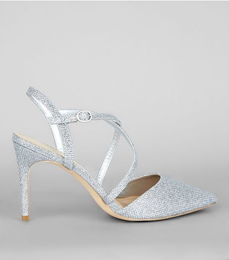 Silver Glitter Pointed Cross Strap Heels | New Look