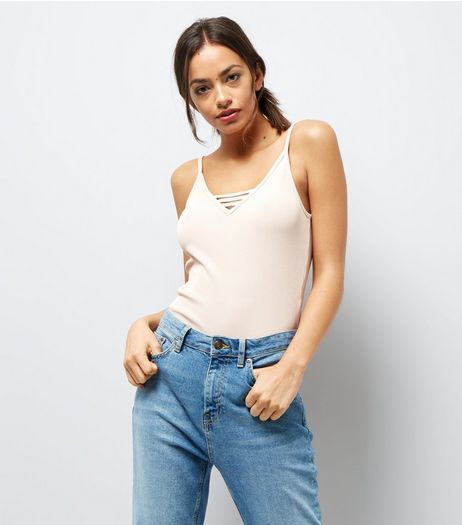 Pink Ribbed Strap Front Bodysuit | New Look