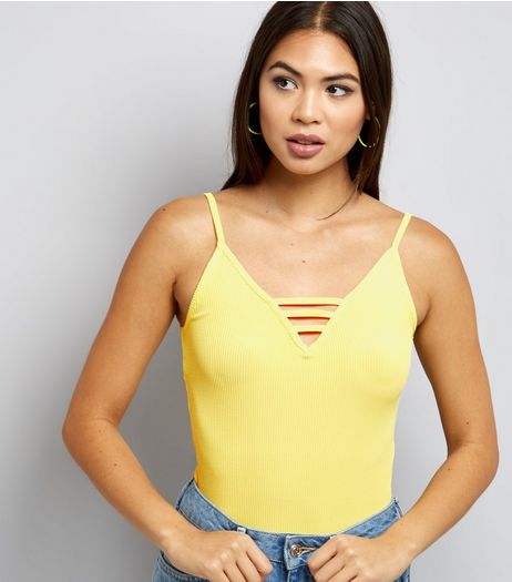 Yellow Ribbed Strap Front Bodysuit | New Look