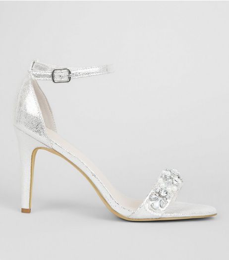 Silver Metallic Embellished Strap Heeled Sandals | New Look