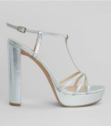 Silver Snakeskin Textured T Bar Platform Heels | New Look