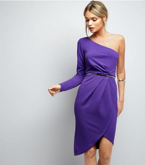 Purple Off the Shoulder Wrap Front Belted Bodycon Dress | New Look