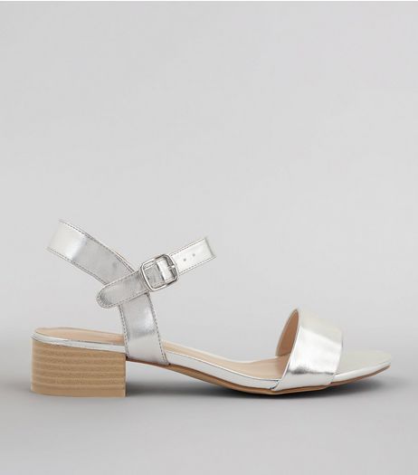 Silver Metalic Open Toe Block Heel Sandals | New Look