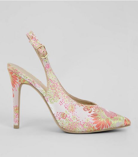 Pink Floral Brocade Slingback Heels | New Look