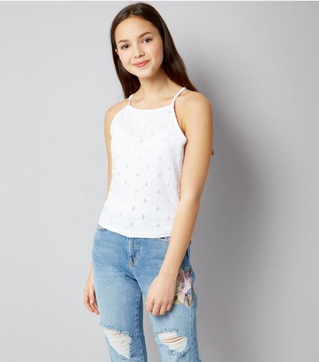 Teens White Broderie High Neck Cami | New Look