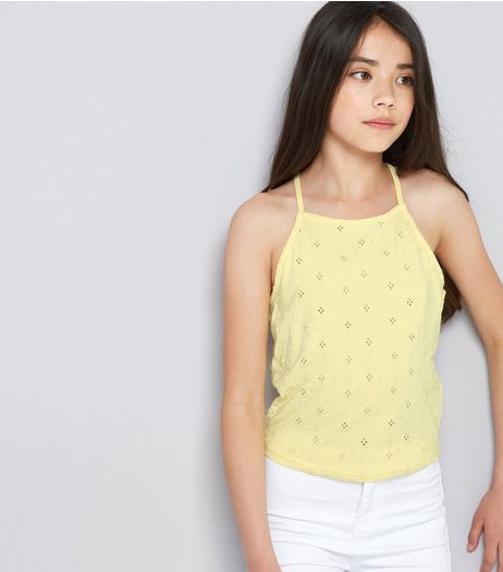 Teens Yellow Broderie High Neck Cami | New Look