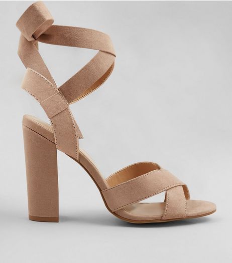 Wide Fit Nude Suedette Ankle Tie Heeled Sandals | New Look