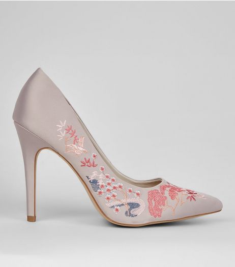 Wide Fit Grey Satin Embroidered Pointed Court Shoes | New Look