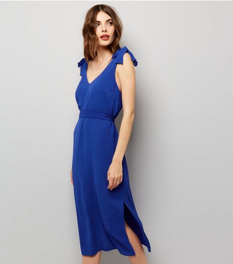 Blue V Neck Tie Strap Split Side Midi Slip Dress | New Look