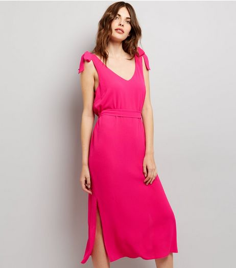 Bright Pink Tie Strap Midi Slip Dress | New Look
