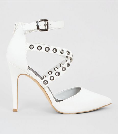 White Eyelet Cross Strap Pointed Heels | New Look