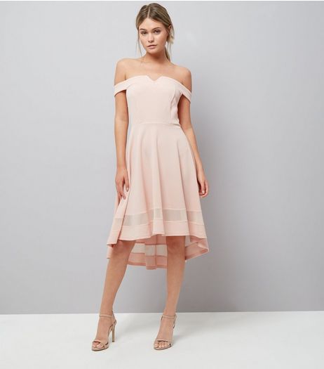 Shell Pink Bardot Neck Mesh Hem Dress | New Look