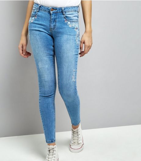Urban Bliss Blue Floral Embroidered Skinny Jeans | New Look