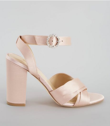Nude Pink Satin Chunky Cross Strap Block Heels | New Look