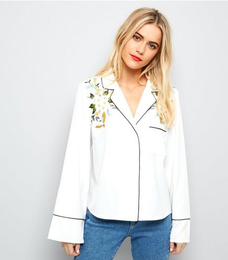 White Floral Embroidered Piped Trim Shirt | New Look