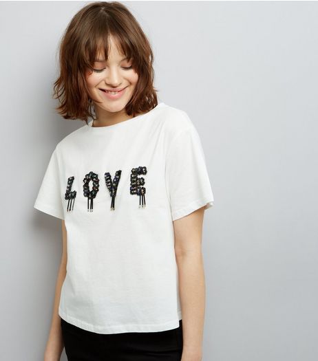 Cream Love Embellished T-Shirt | New Look