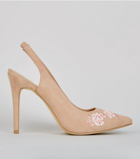 Wide Fit Nude Pink Floral Embroidered Sling Back Heels | New Look