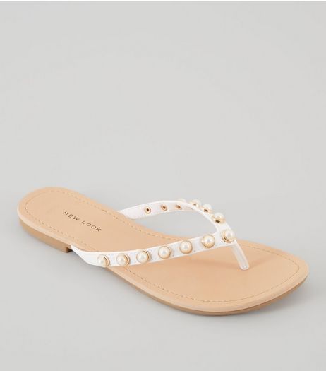 Wide Fit White Pearl Stud Flip Flops | New Look
