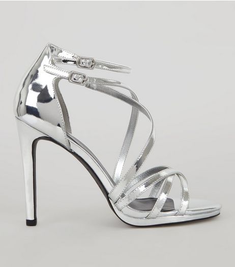 Silver Multi Strap Cross Front Heeled Sandals | New Look