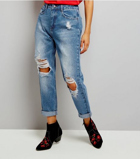 Urban Bliss Blue Ripped Roll Hem Mom Jeans | New Look